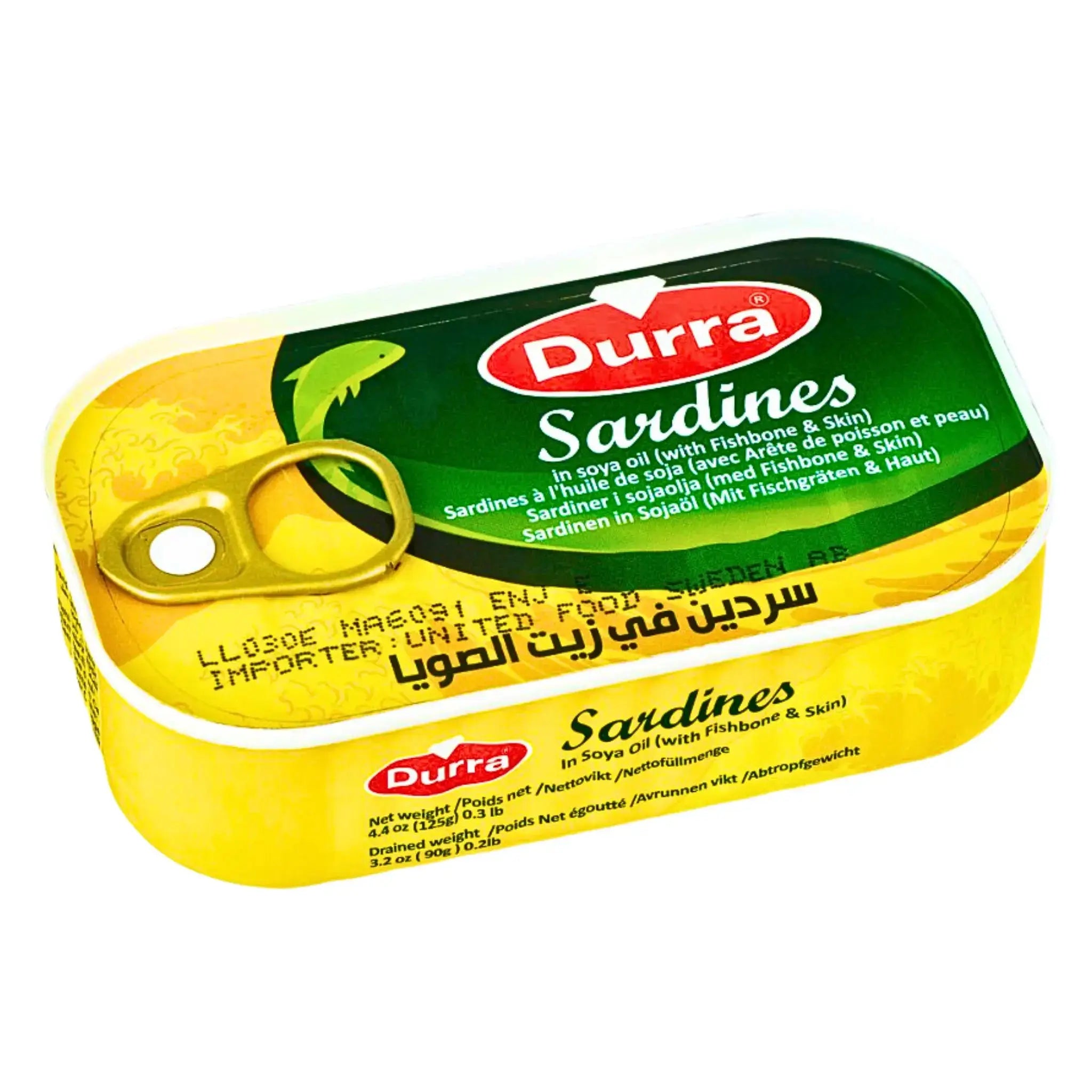 Konservburk med Durra sardiner i sojaolja, tydlig grön och gul etikett på vit bakgrund.