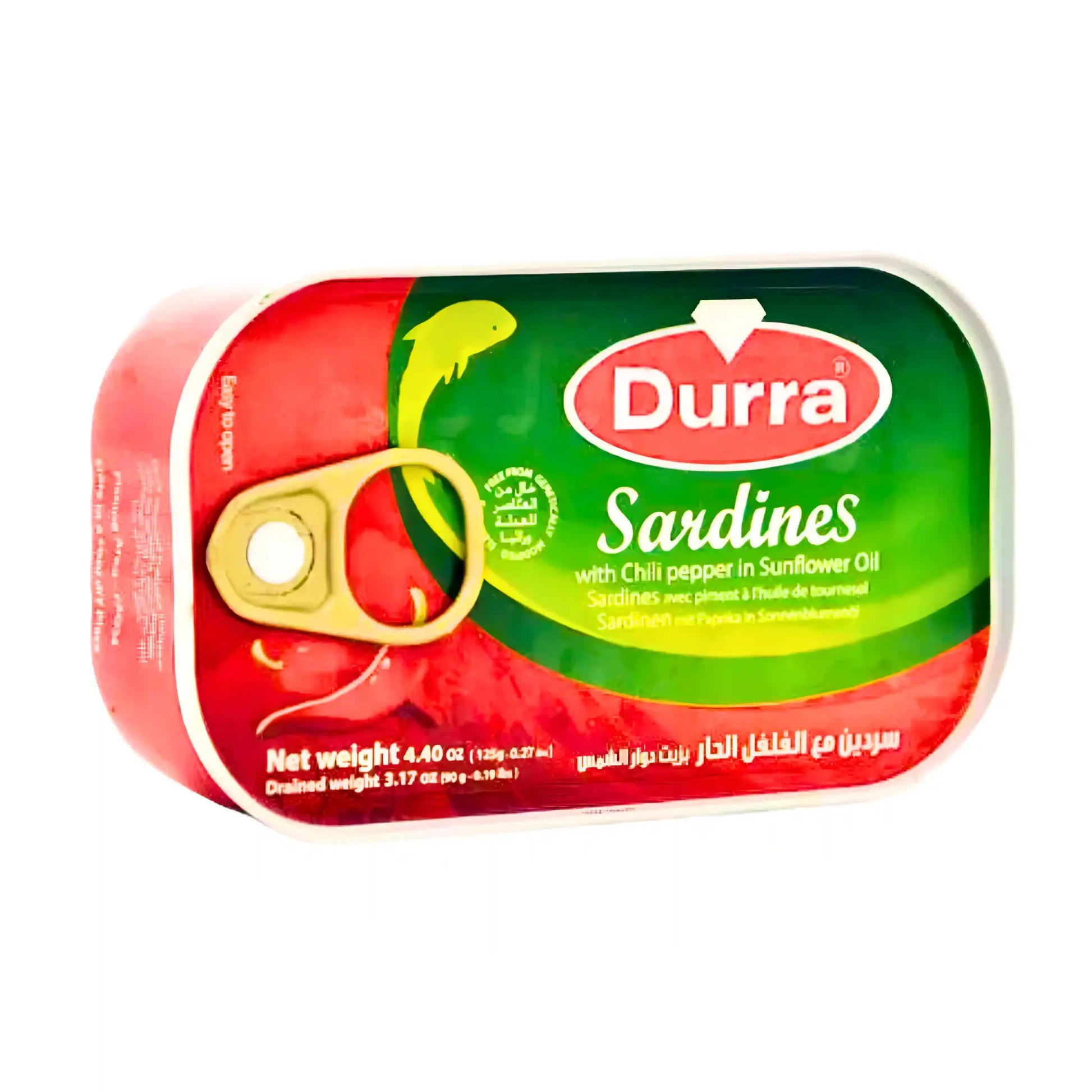 Durra sardiner med chilipeppar i solrosolja, konservburk med grön och röd etikett.