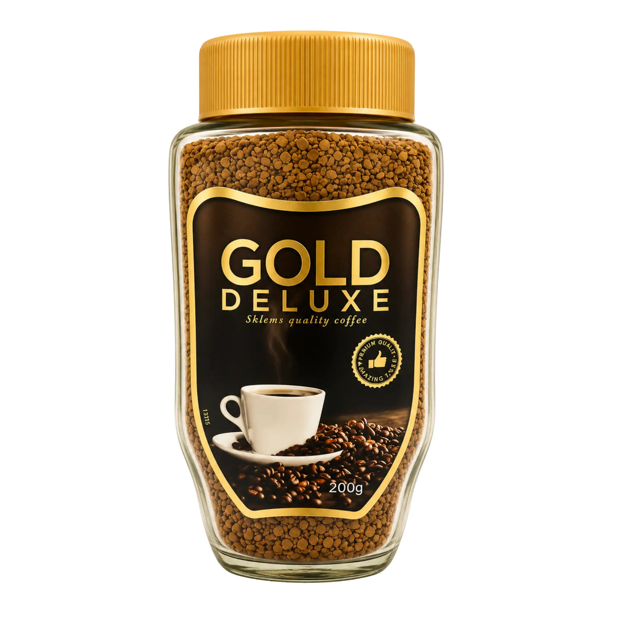 Pulverkaffe Gold Deluxe pulverkaffe i glasburk med guldfärgat lock, 200 g