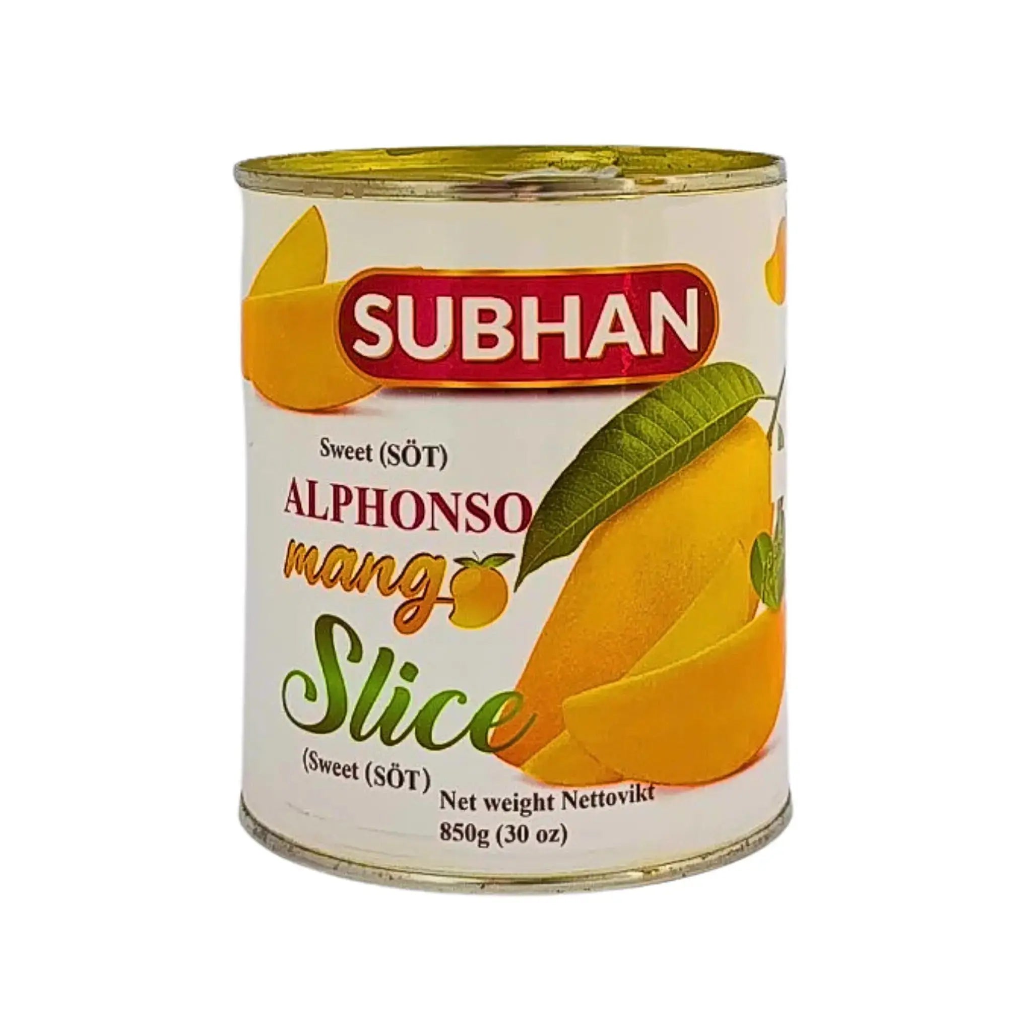 Burk med Subhan Alphonso mango skivor 850g, exotisk fruktkonserv, söt mango på vit bakgrund