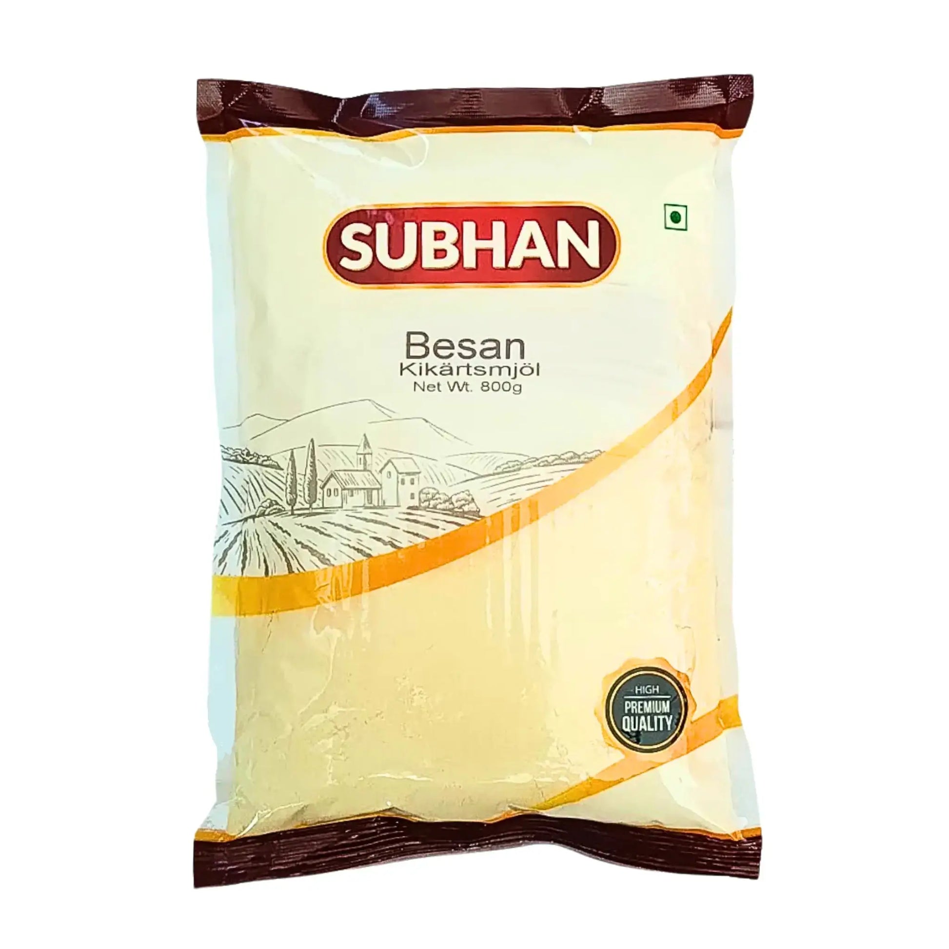 Förpackning Subhan Besan kikärtsmjöl 800g, orientaliskt mjöl, gul påse på vit bakgrund