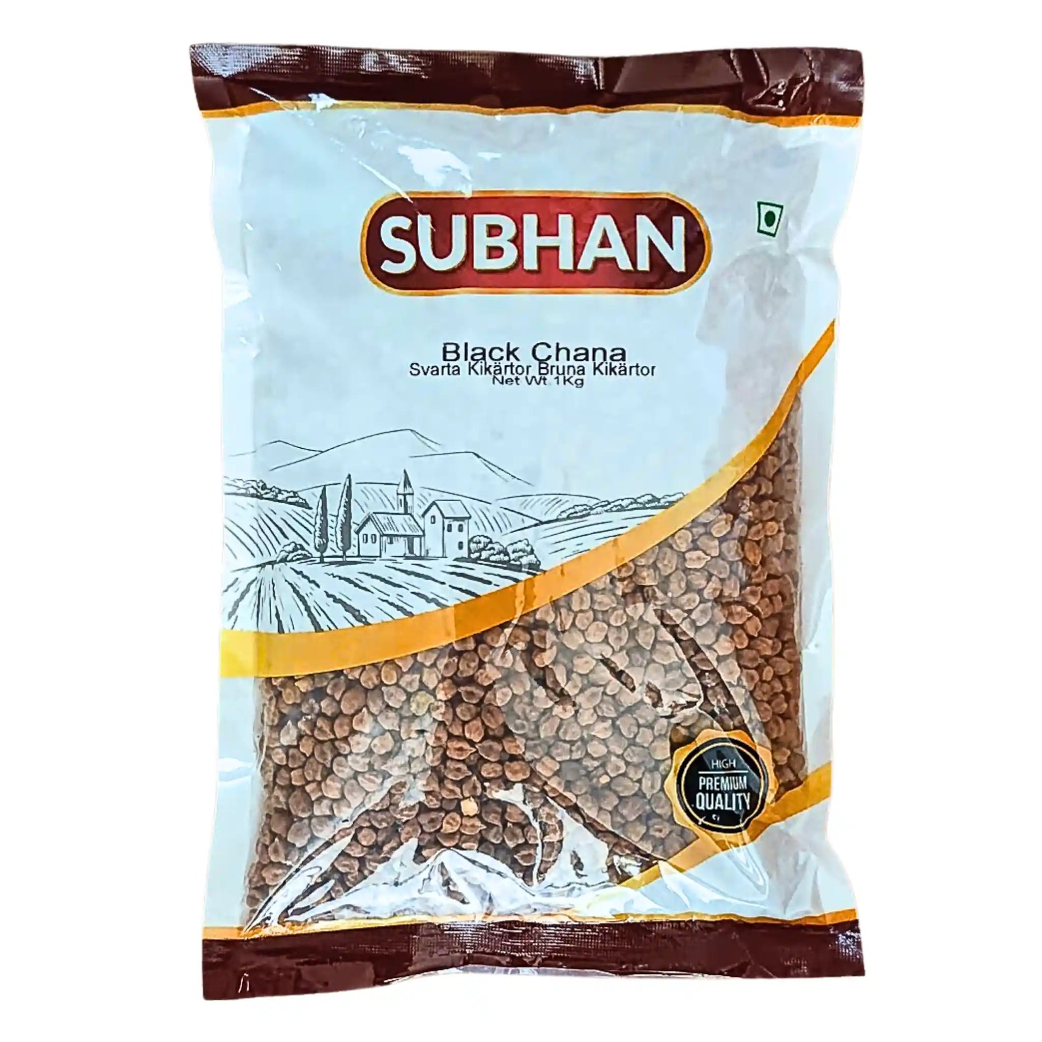 Förpackning Subhan Black Chana 1kg svarta bruna kikärtor, orientaliska baljväxter.