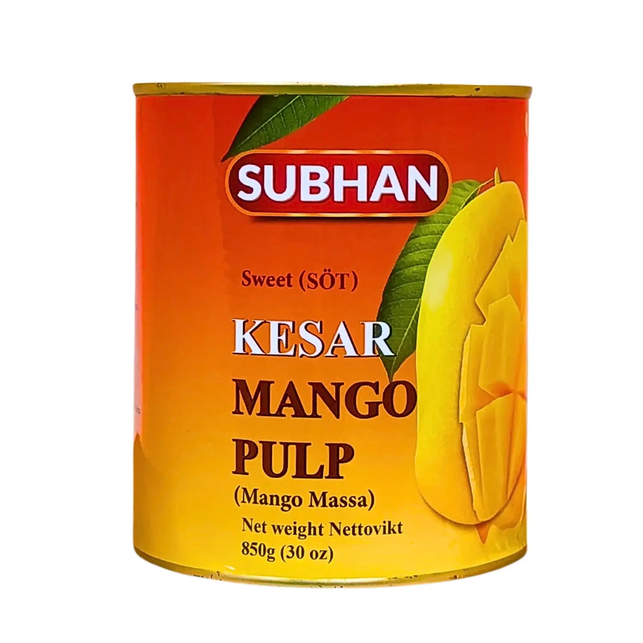 Burk med söt kesar mangomassa 850g, tydlig bild av mango på orange bakgrund.