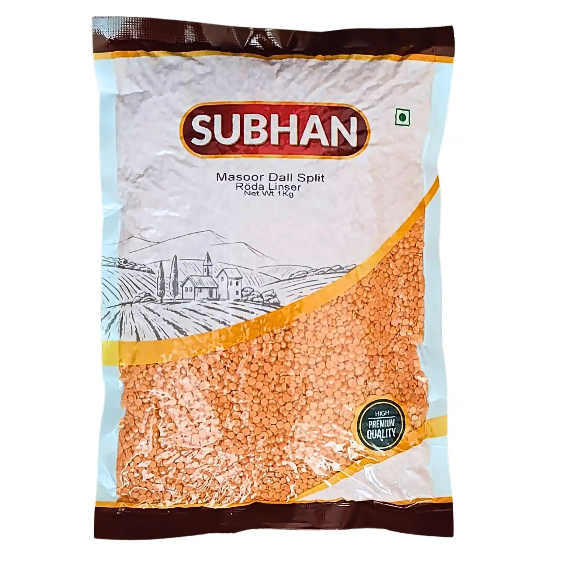 Förpackning med Subhan röda linser Masoor Dall Split 1 kg, orientaliska kolonialvaror.