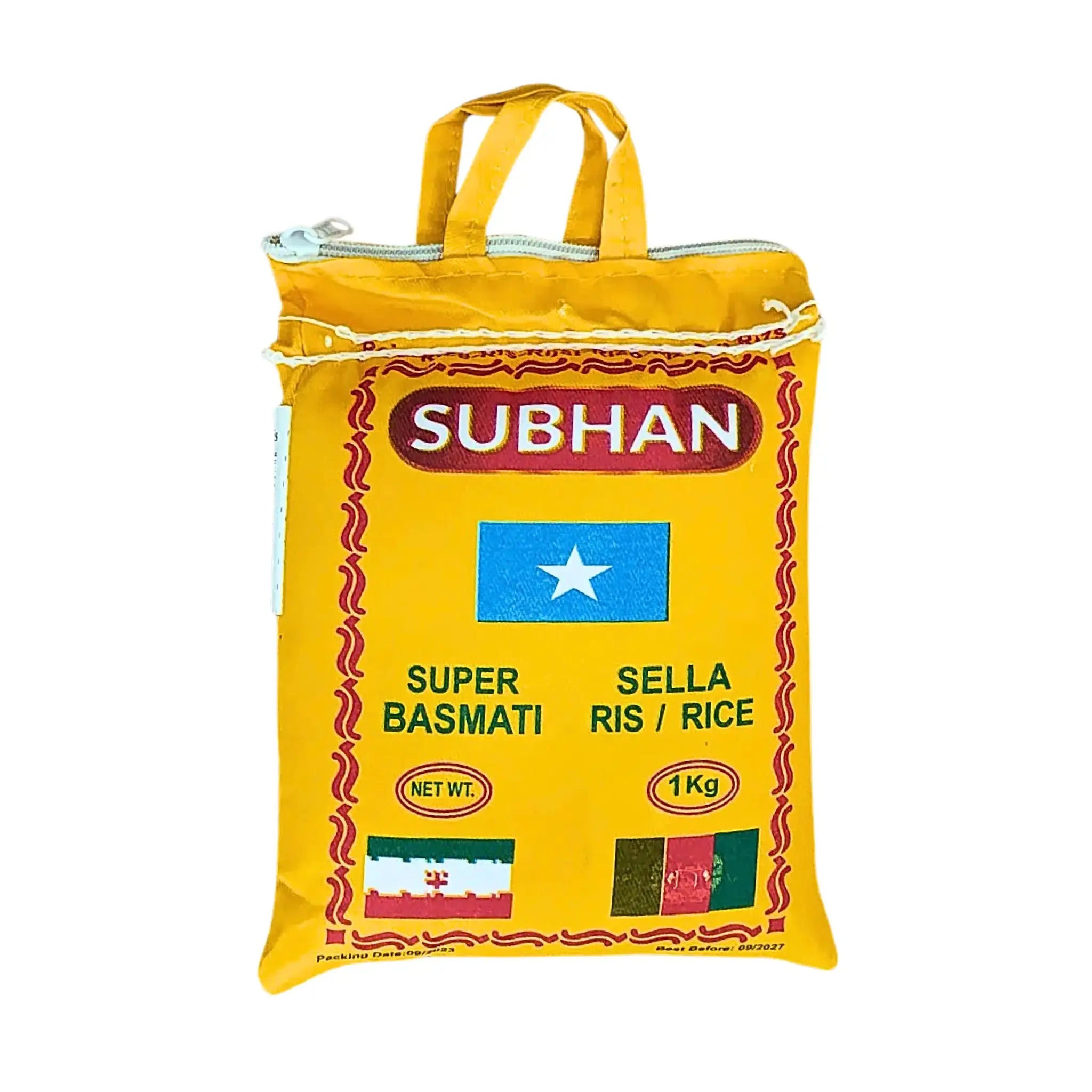 Gul påse med Subhan Super Basmati Sella ris 1kg, blå stjärna och handtag