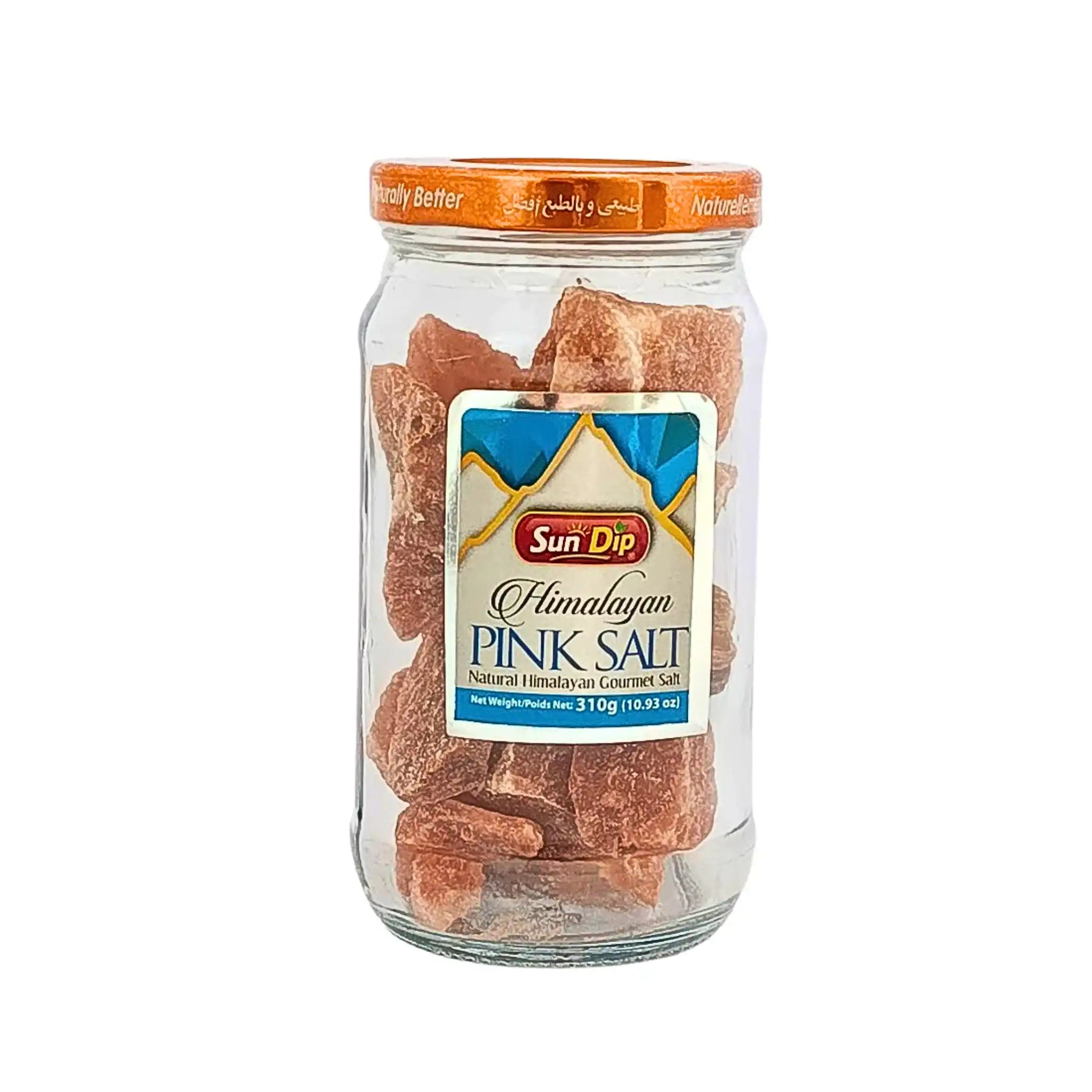 Glasburk med stora rosa Himalayasaltbitar, tydlig etikett, 310g.
