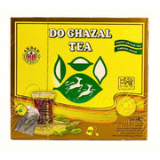 Do Ghazal teförpackning, kardemummasmak, 100 tepåsar, gul kartong med teglas och kardemummakapslar.