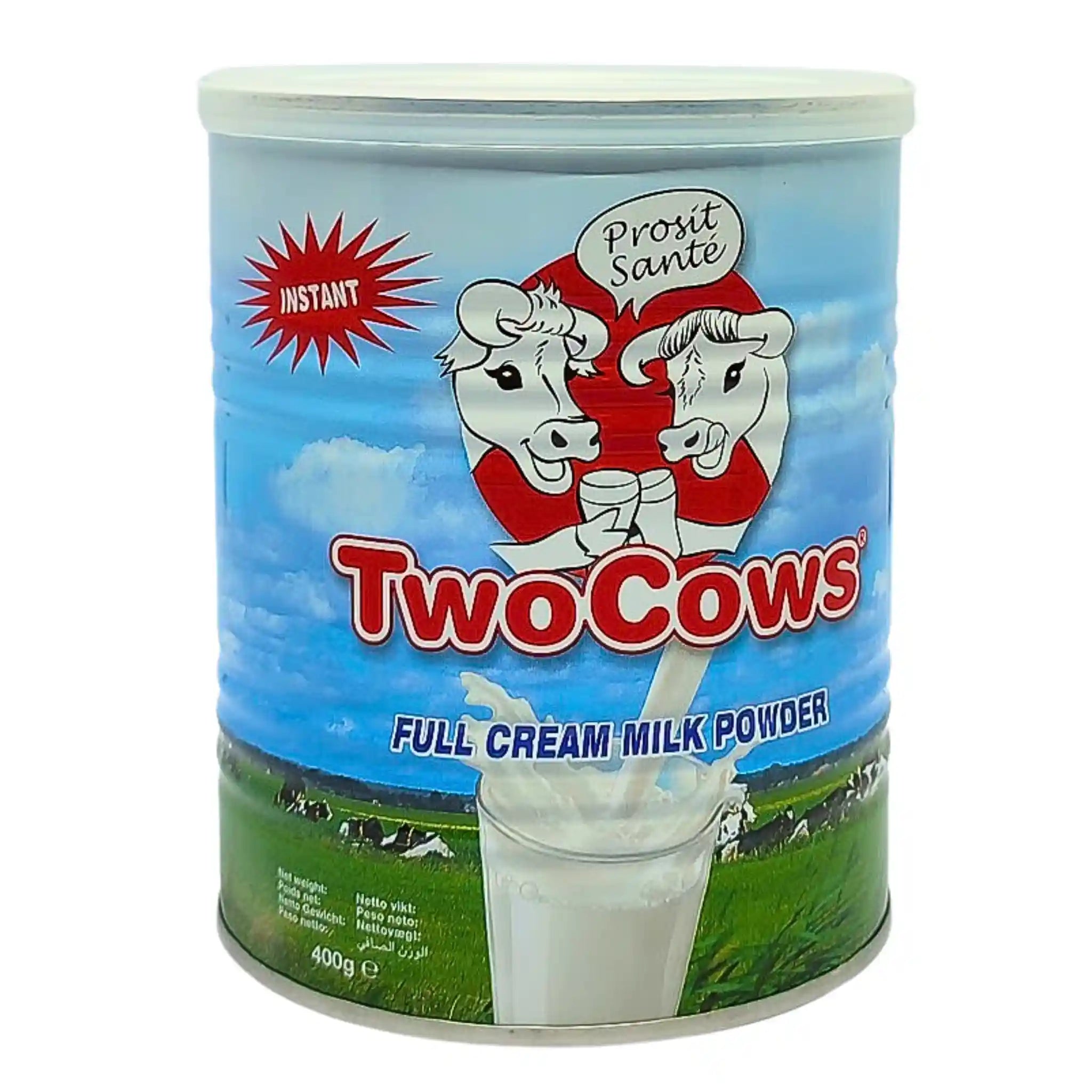 Burk med TwoCows helmjölkspulver 400g, blå design med koillustrationer och ängsmotiv.