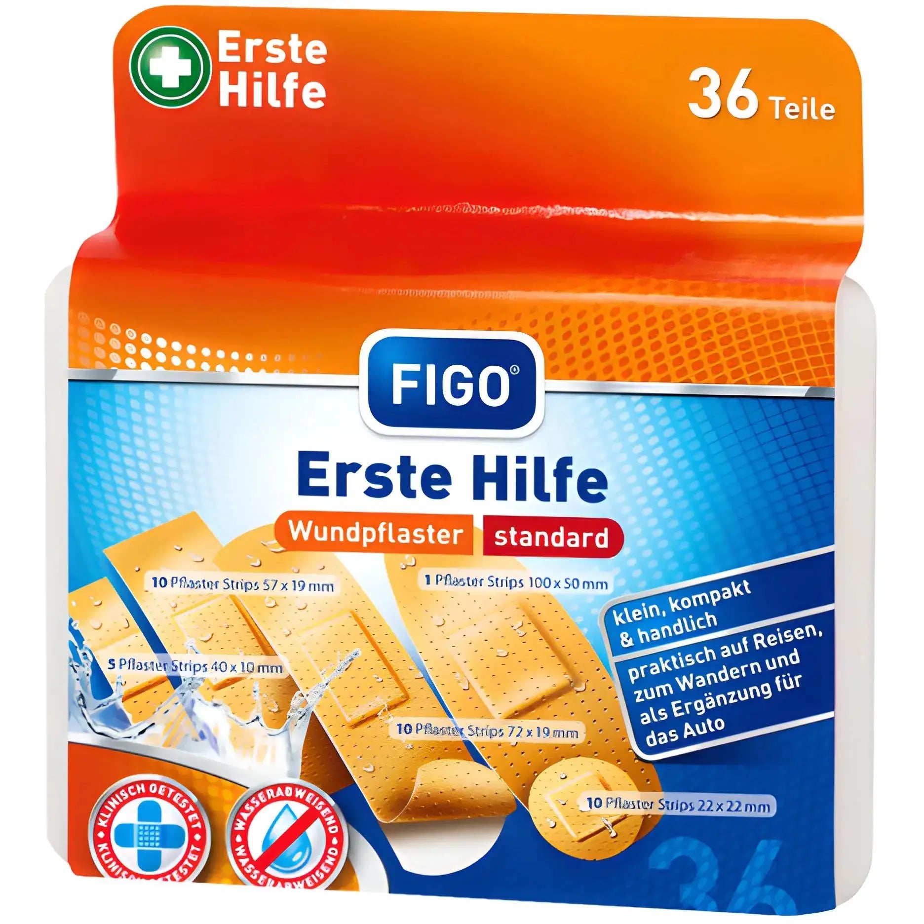 Figo Erste Hilfe första hjälpen plåsterkit, 36 delar, blandade plåster för sårvård